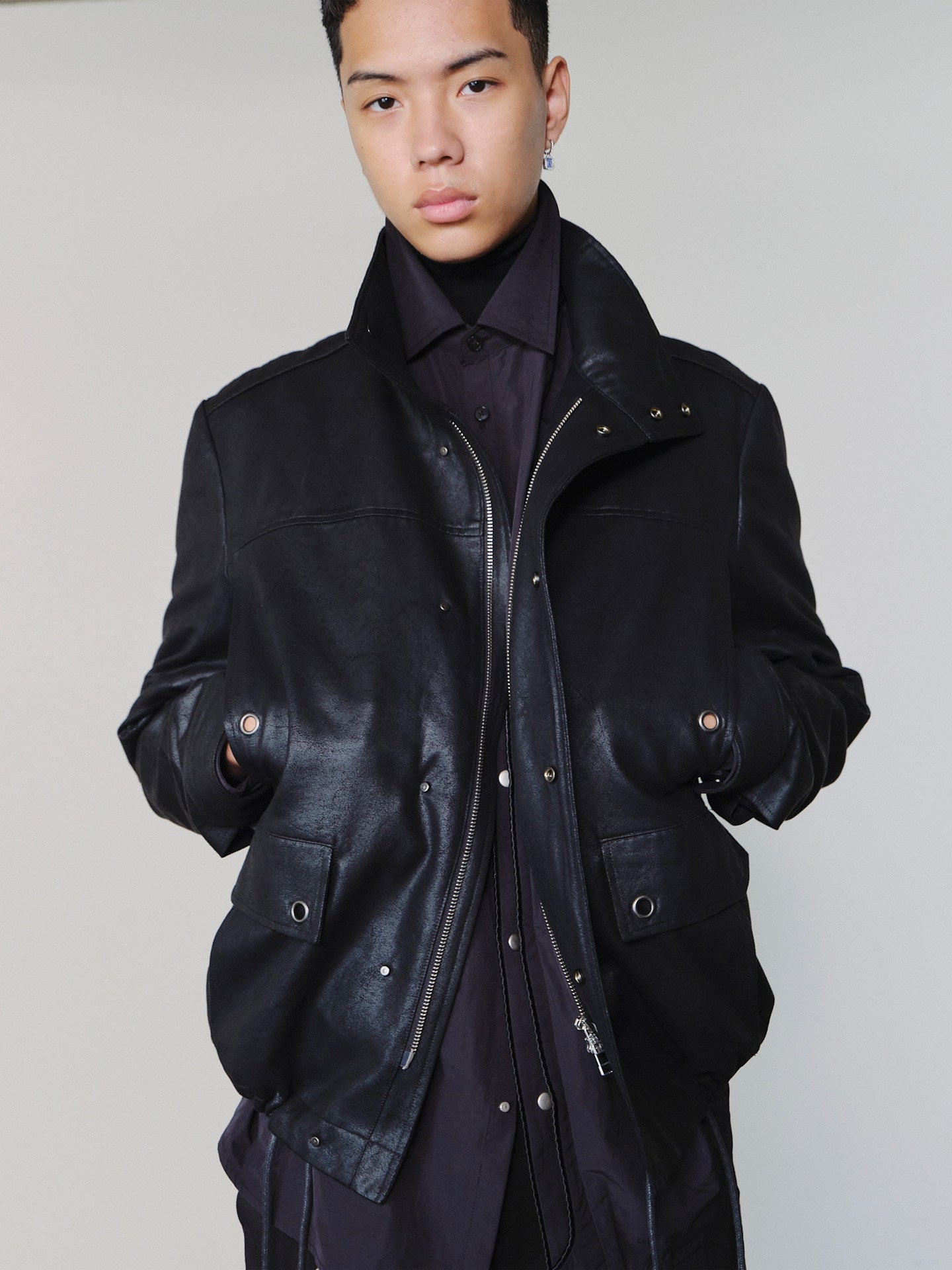 Sairenssei Distressed Leather-Look Drawstring Jacket