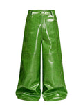 REBEL WAVE Green Liquid Leather Wide-Leg Pants