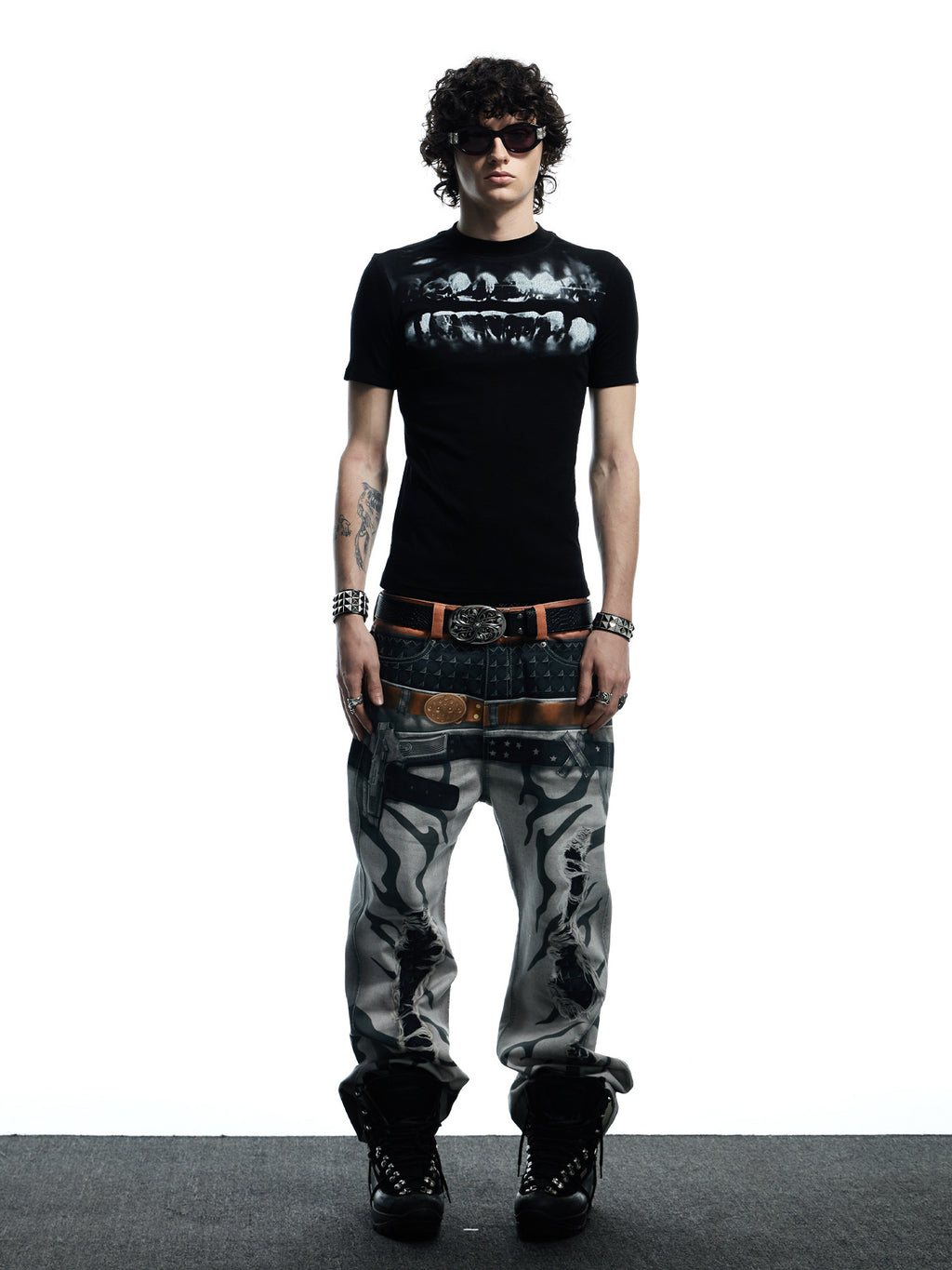 DND4DES Original  3D Printed Double Waistband Pistol Tiger Stripe Straight Leg Flared Jeans