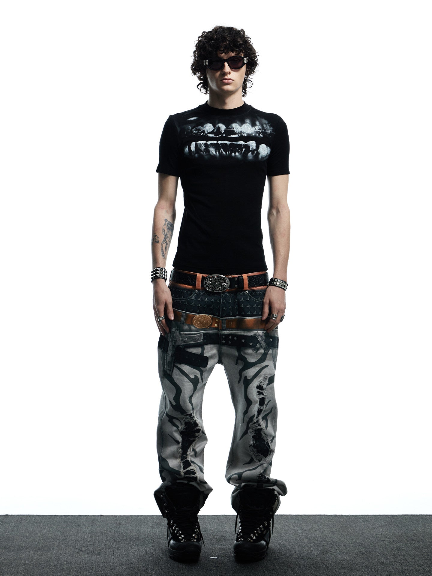 DND4DES Original  3D Printed Double Waistband Pistol Tiger Stripe Straight Leg Flared Jeans