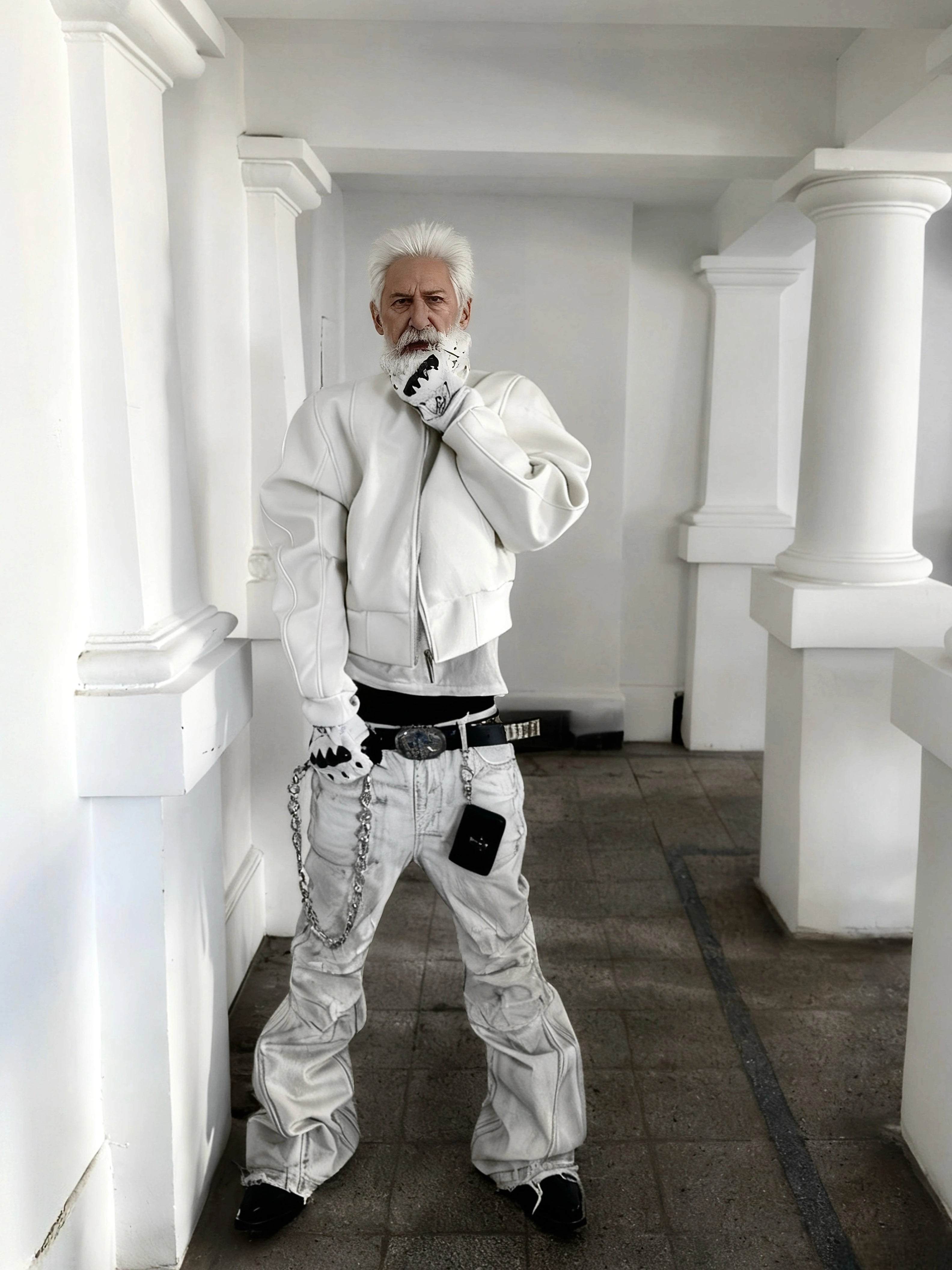 REBEL WAVE White Leather Jacket with Devil Fur Collar and Detachable Straps