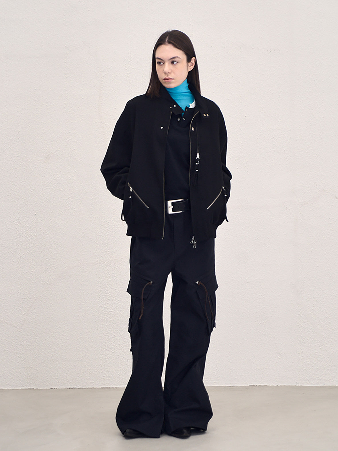 Sairenssei Black Heavy-Duty Beaded Stand Collar Minimalist Jacket