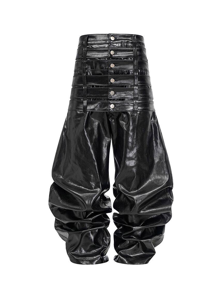 REBEL WAVE Six-Waistband Multi-Waistband Curved Leather Pants