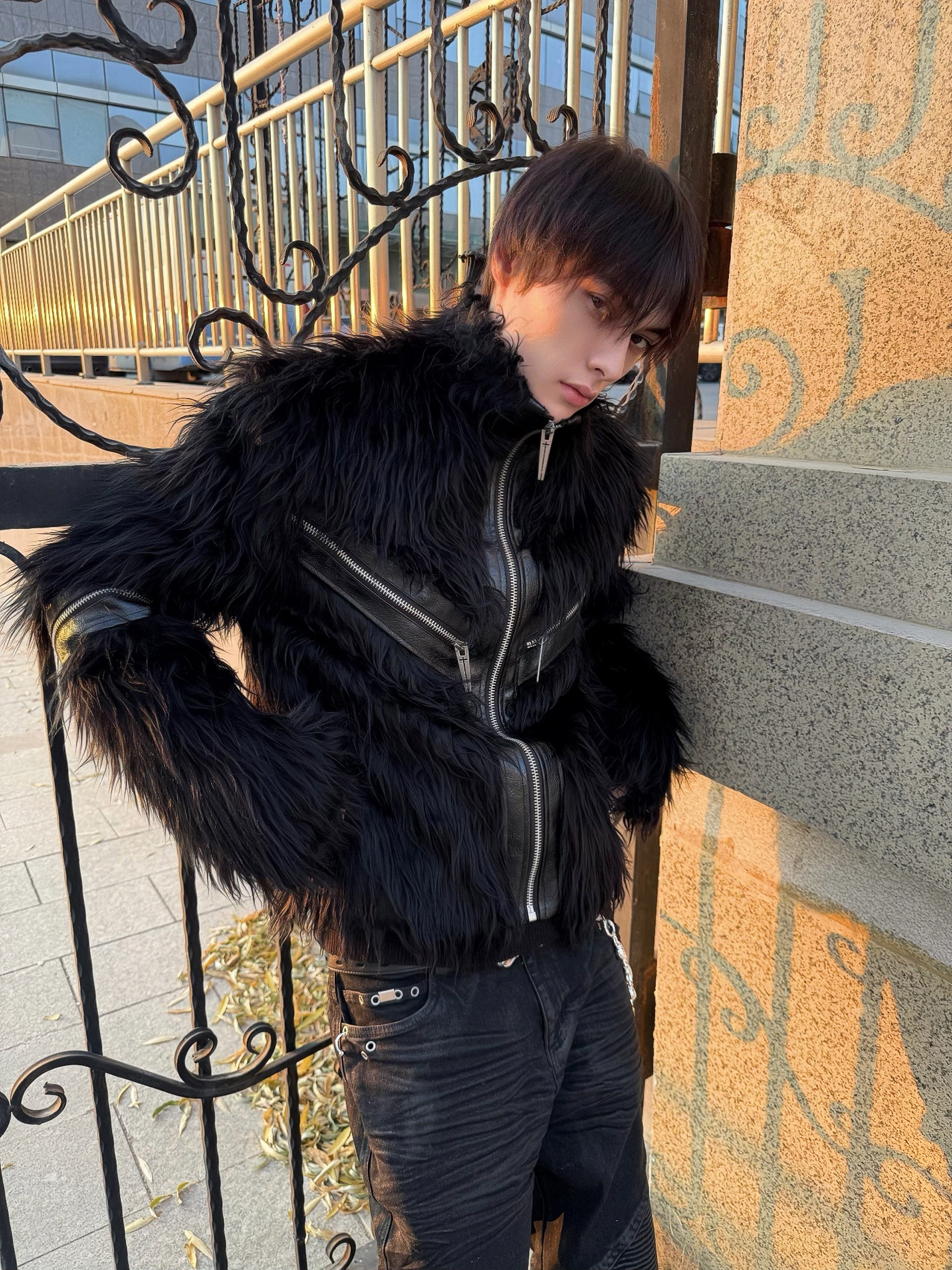 REBEL WAVE25FW "Ж" Patchwork Leather Zipper Fur Jacket