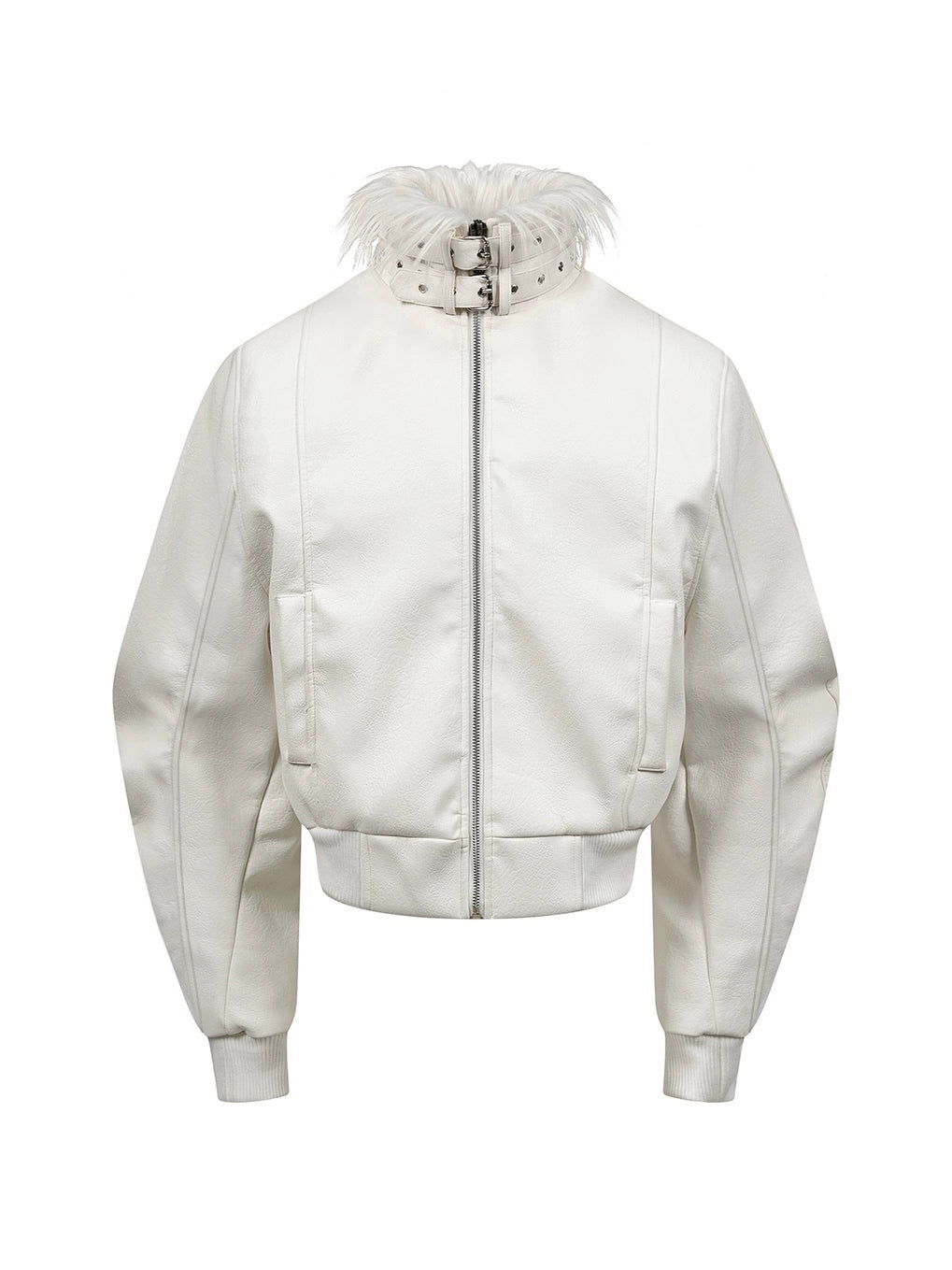 REBEL WAVE White Leather Jacket with Devil Fur Collar and Detachable Straps