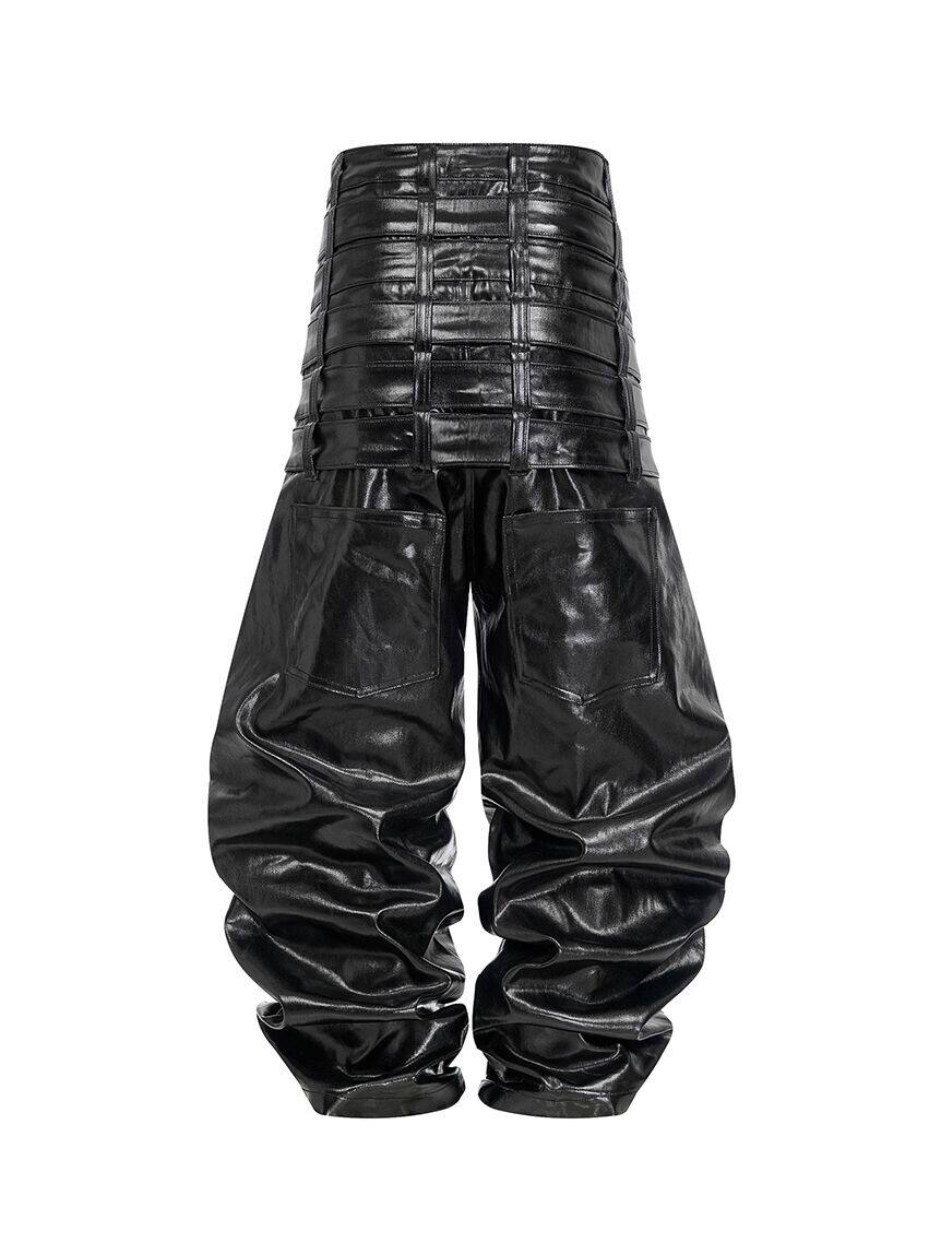 REBEL WAVE Six-Waistband Multi-Waistband Curved Leather Pants