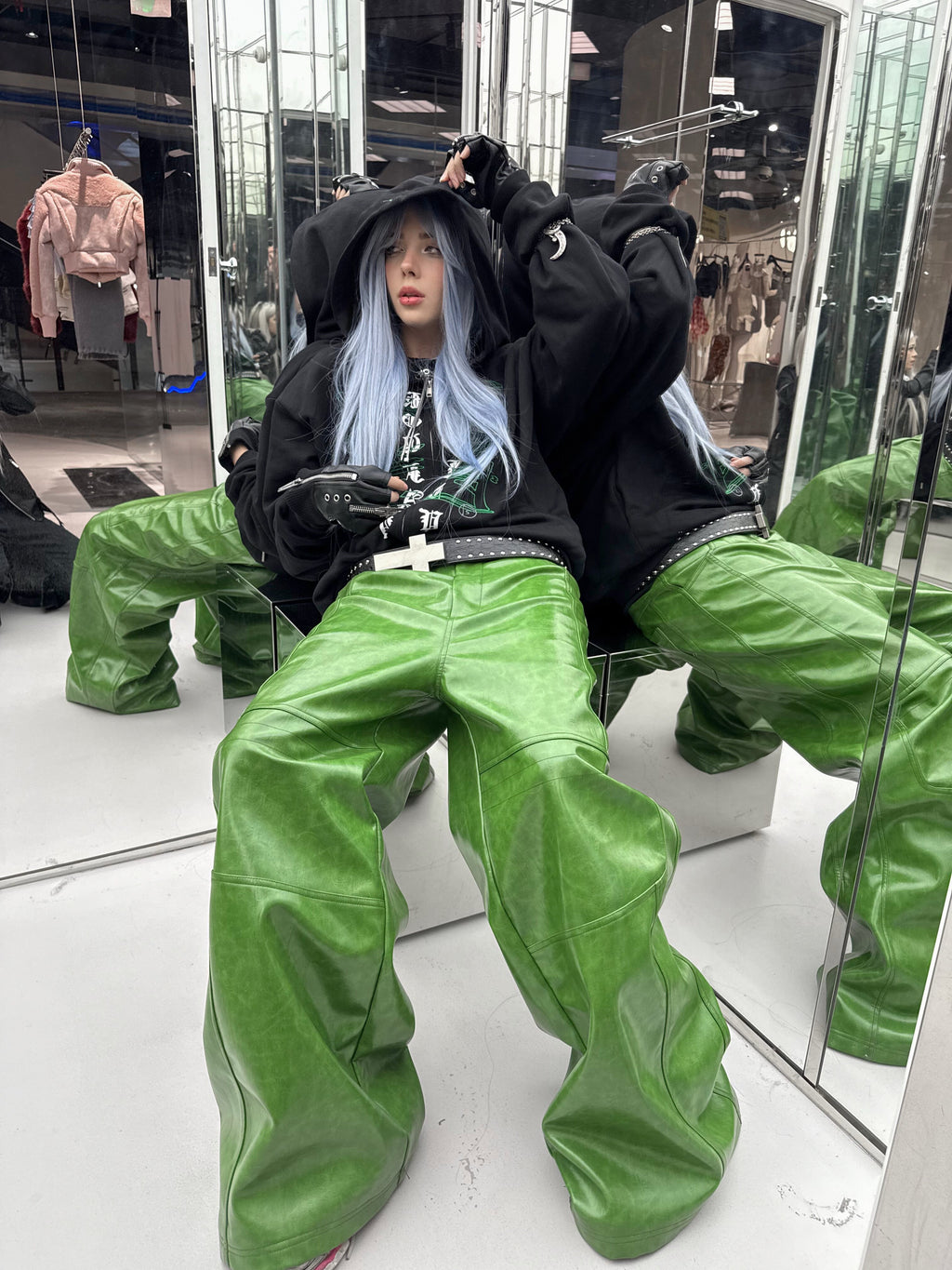 REBEL WAVE Green Liquid Leather Wide-Leg Pants