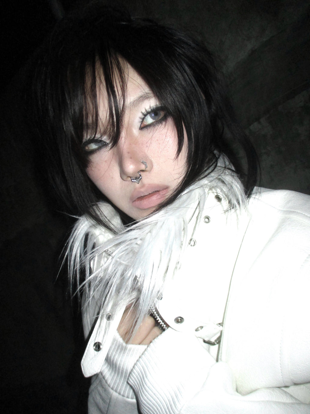 REBEL WAVE White Leather Jacket with Devil Fur Collar and Detachable Straps