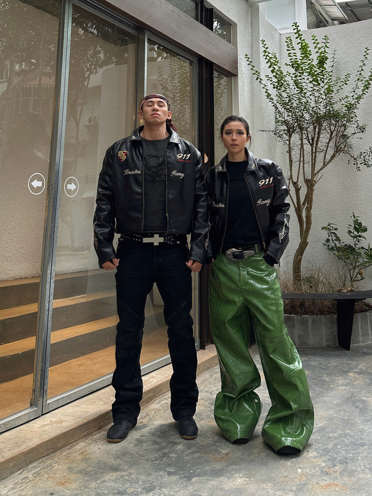 REBEL WAVE Green Liquid Leather Wide-Leg Pants