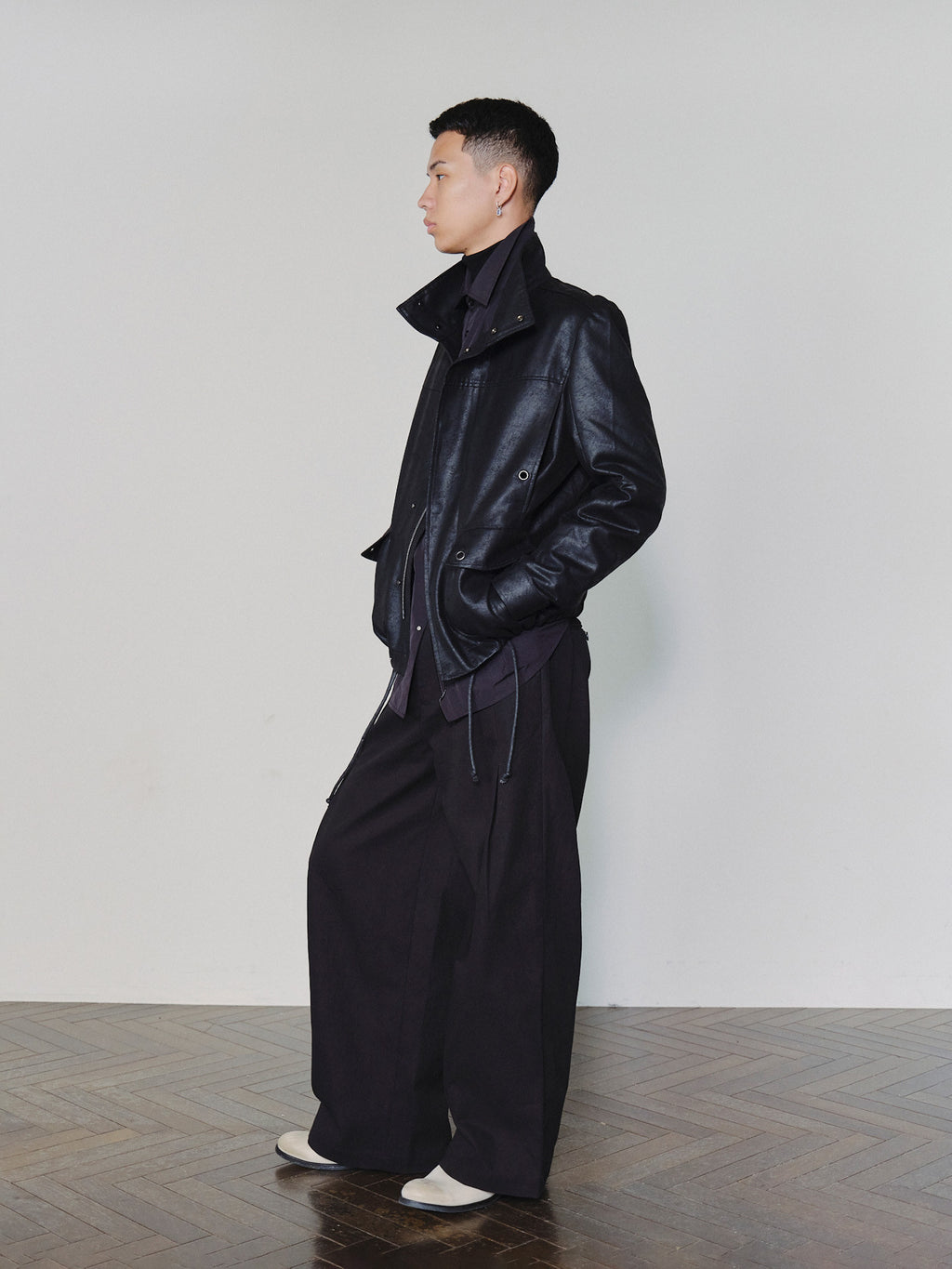 Sairenssei Distressed Leather-Look Drawstring Jacket