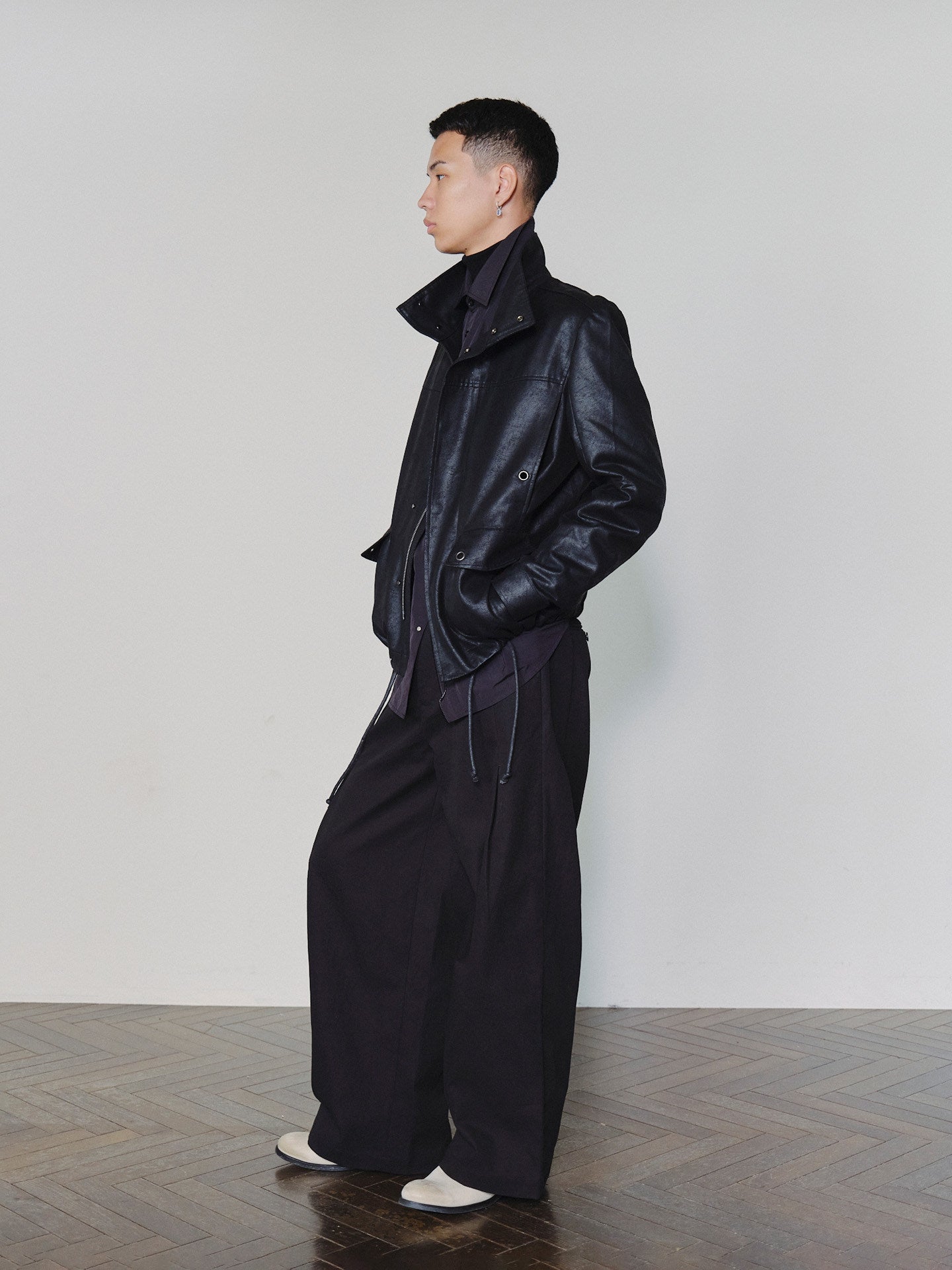 Sairenssei Distressed Leather-Look Drawstring Jacket